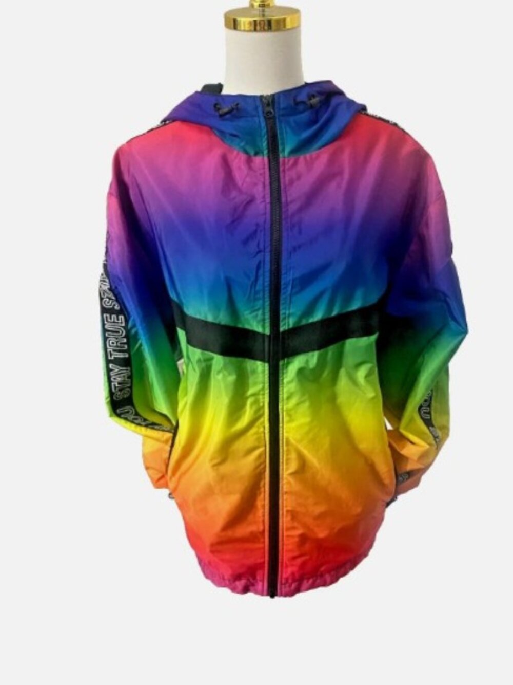 H&M Rainbow Hooded Women Jacket Size Large Full Zip Colorful Mesh Pockets